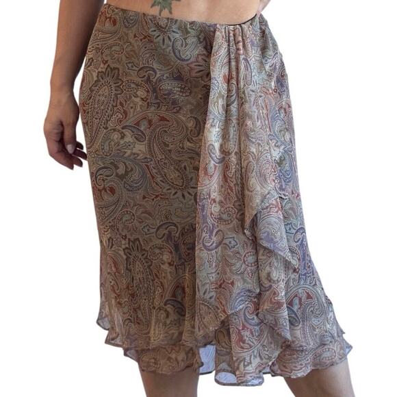 Ralph Lauren chiffon paisley midi skirt elegant flowy ruffle hem quiet luxury L - Picture 1 of 6